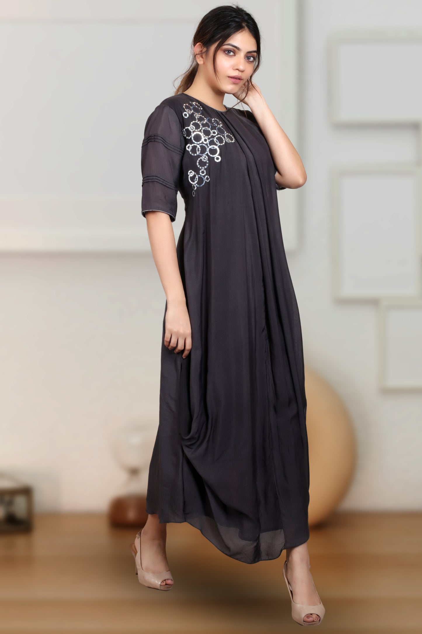 BLACK INDOWESTERN COWL DRESS