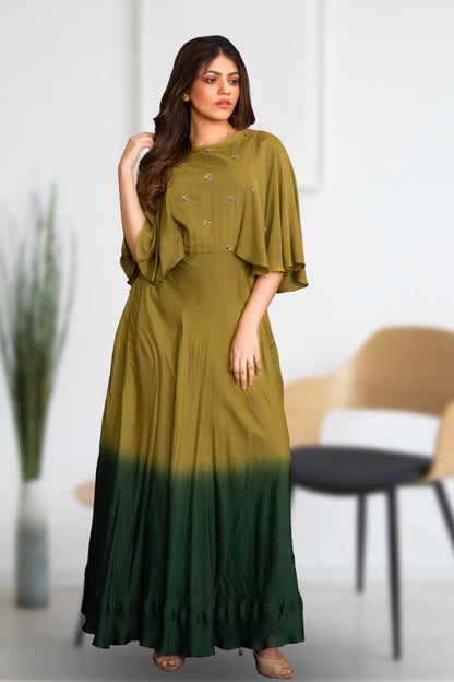 SHADED GOWN WITH FLAIRED CAPE SLEEVES