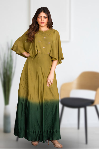 SHADED GOWN WITH FLAIRED CAPE SLEEVES