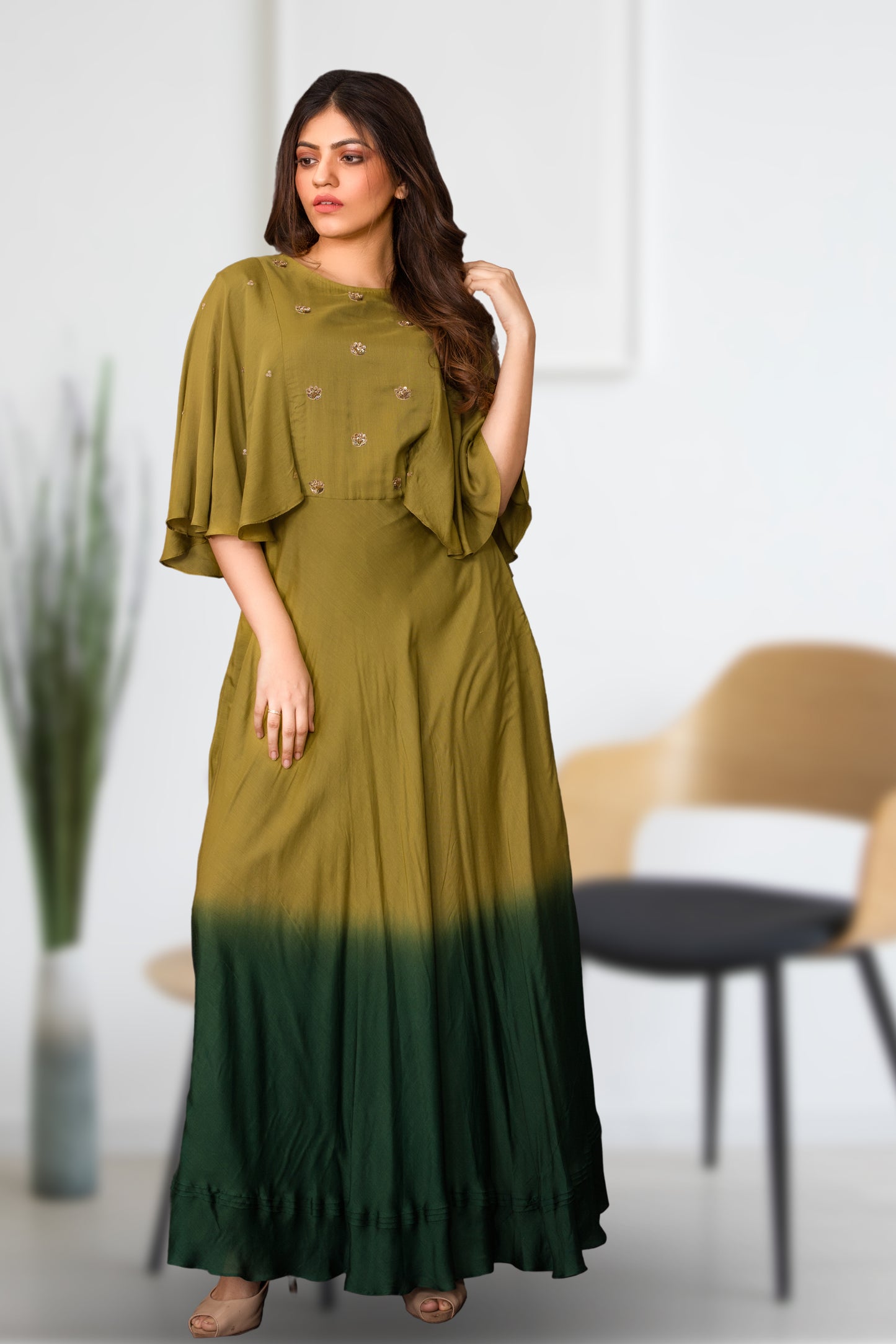 SHADED GOWN WITH FLAIRED CAPE SLEEVES