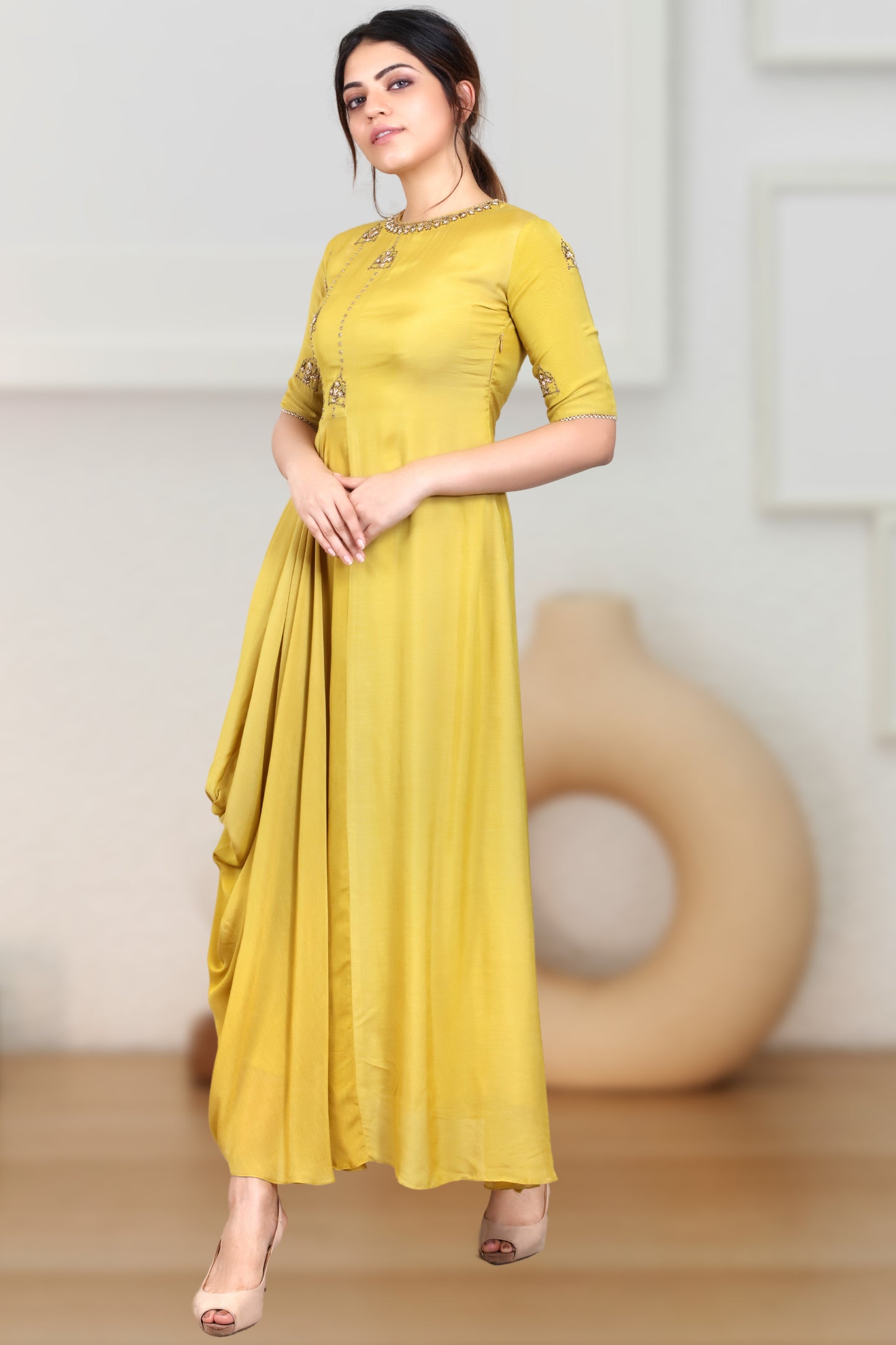 INDOWESTERN ONE SIDE COWL DRESS