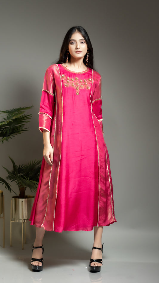 FUSCHIA PINK TISSUE AND SILK A LINE KURTA