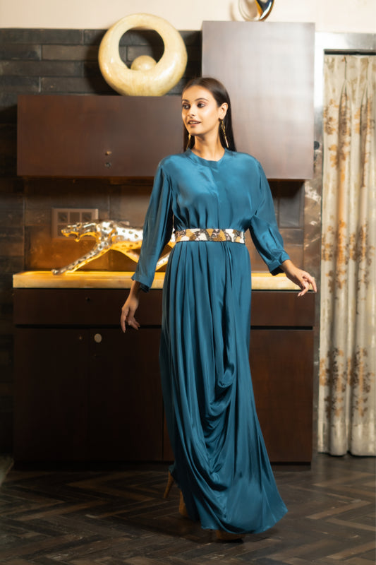 LONG DRAPED DRESS WITH BELT