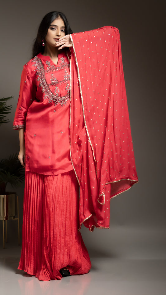 FUSION PINK KURTA WITH CRUSH SKIRT