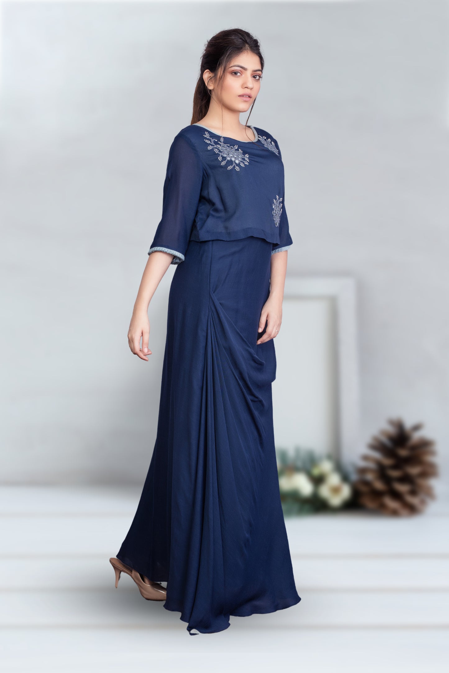 INDOWESTERN COWL DRESS WITH CROP TOP LOOK