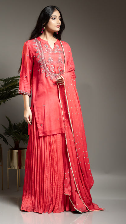 FUSION PINK KURTA WITH CRUSH SKIRT