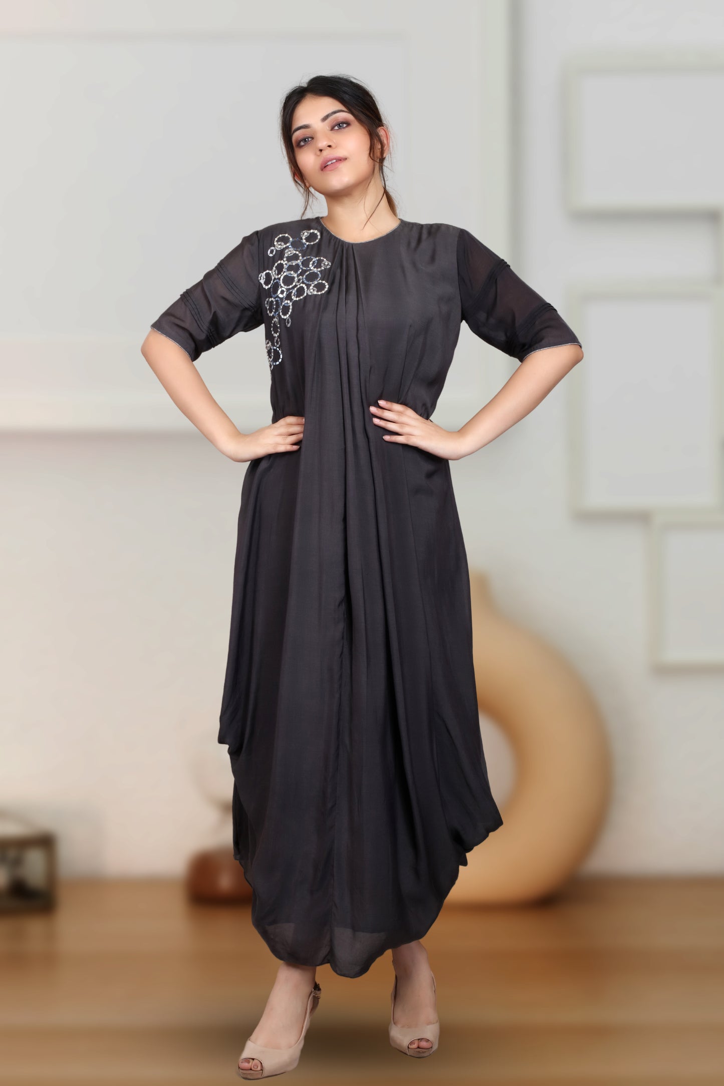 BLACK INDOWESTERN COWL DRESS