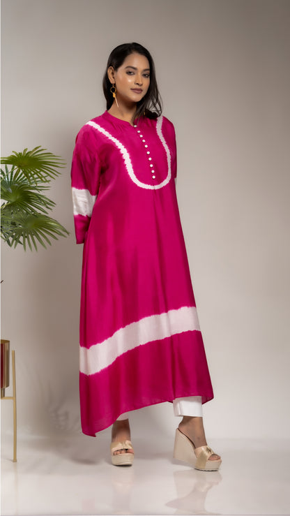 FUSCHIA TIE AND DYE SILK KURTA