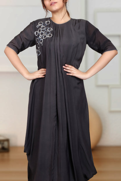 BLACK INDOWESTERN COWL DRESS