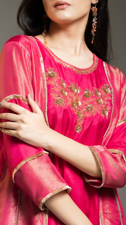 FUSCHIA PINK TISSUE AND SILK A LINE KURTA