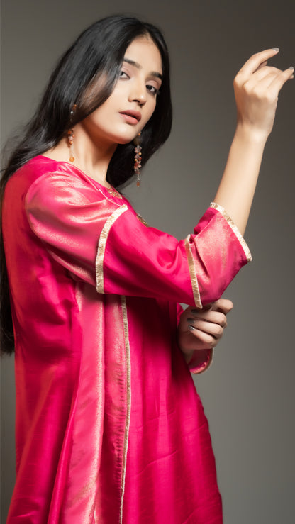 FUSCHIA PINK TISSUE AND SILK A LINE KURTA