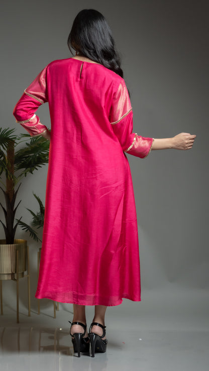 FUSCHIA PINK TISSUE AND SILK A LINE KURTA