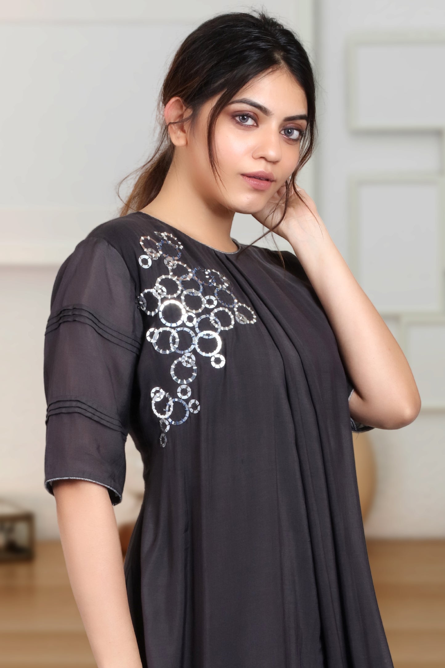 BLACK INDOWESTERN COWL DRESS