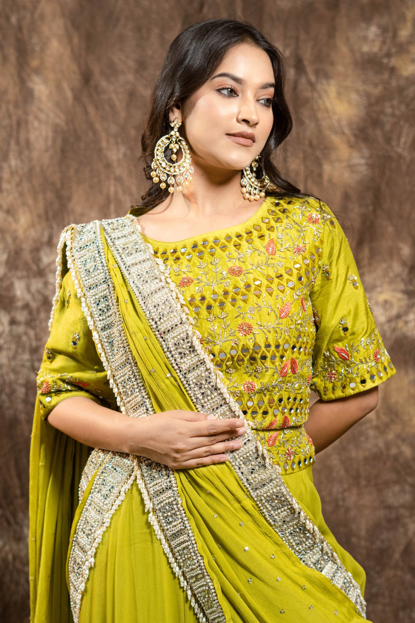 MIRROR GREEN LAYERED LEHENGHA