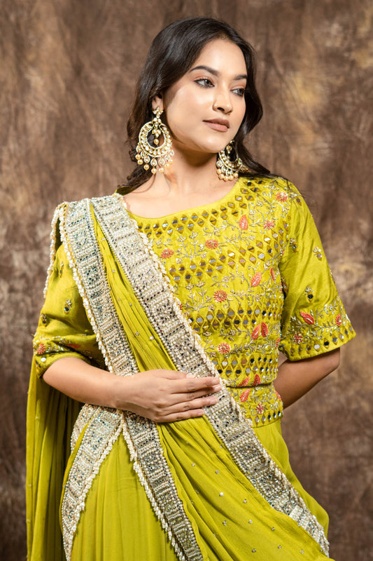 MIRROR GREEN LAYERED LEHENGHA