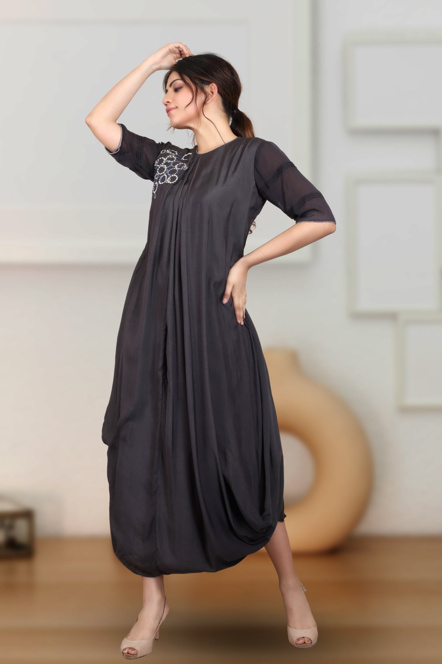 BLACK INDOWESTERN COWL DRESS