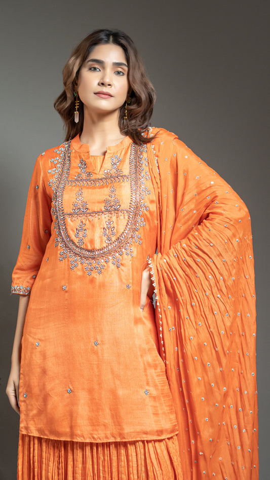 CRUSH SKIRT WITH SHORT KURTA AND DUPATTA