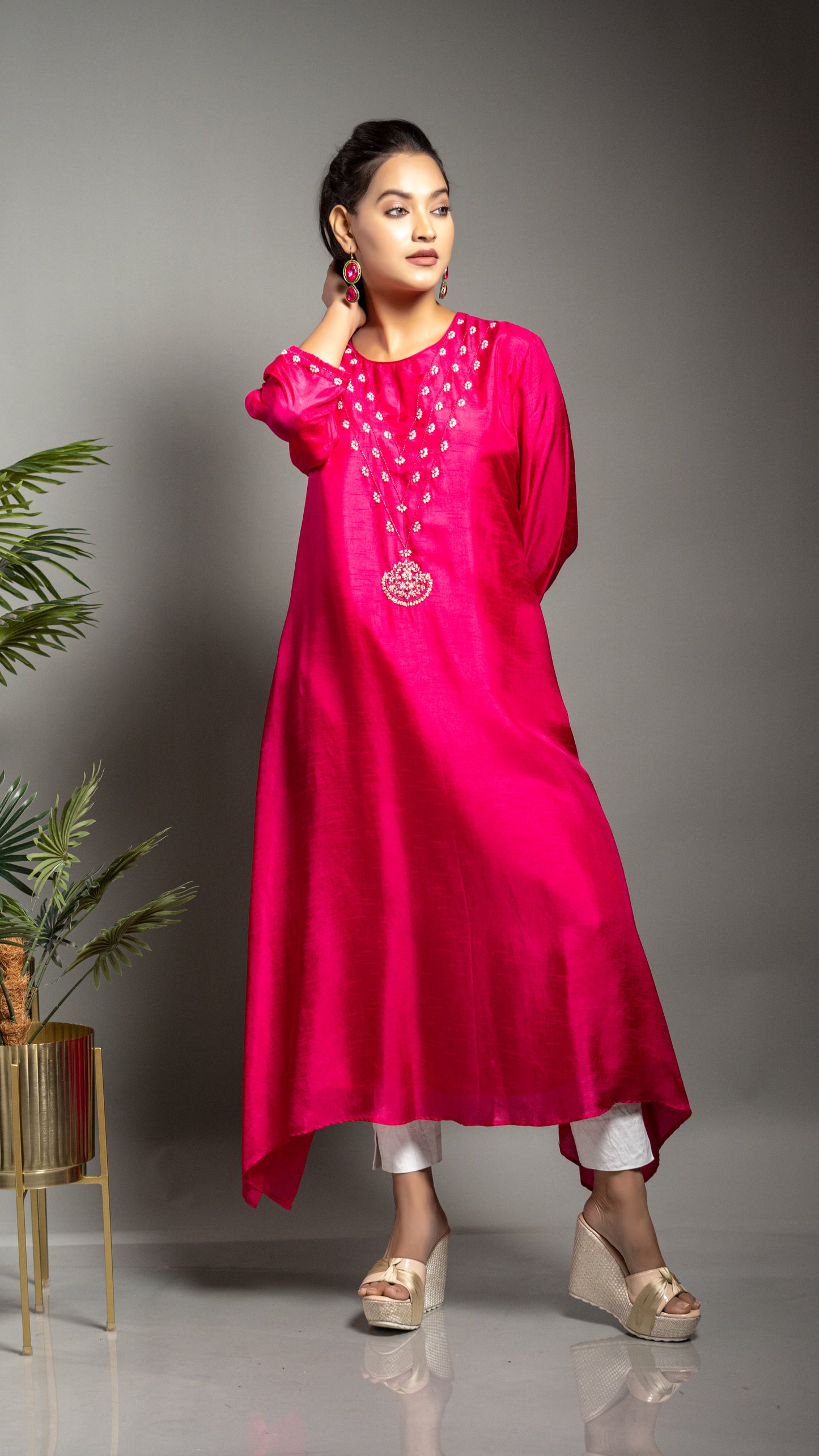 FUCHSIA PINK A LINE TAIL CUT KURTA