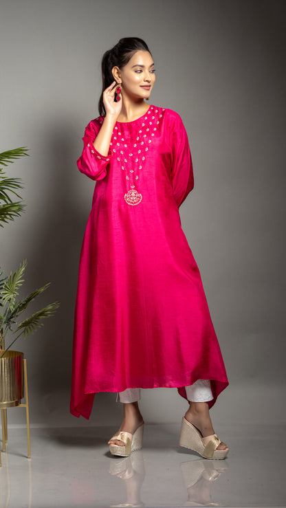 FUCHSIA PINK A LINE TAIL CUT KURTA