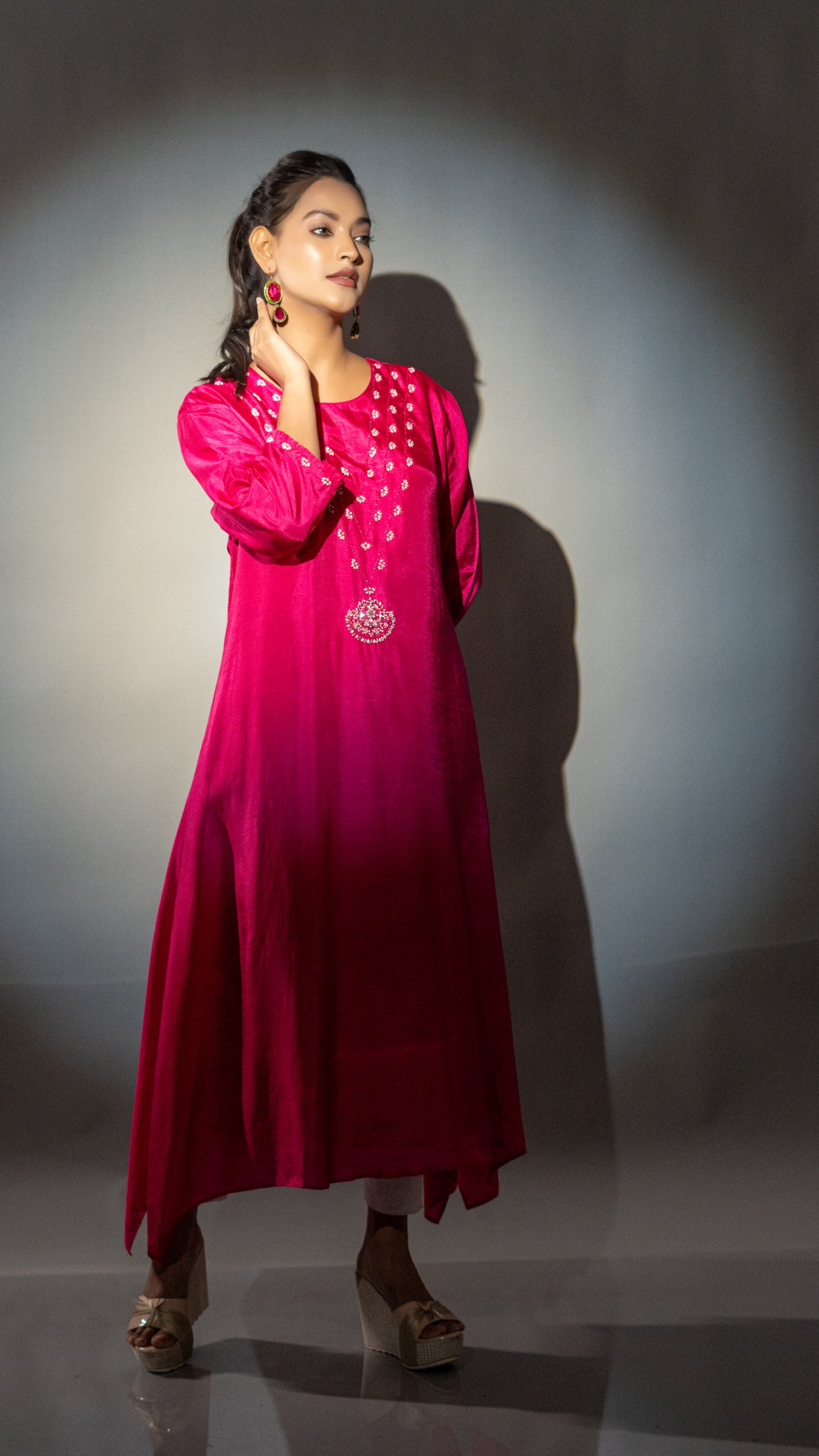 FUCHSIA PINK A LINE TAIL CUT KURTA