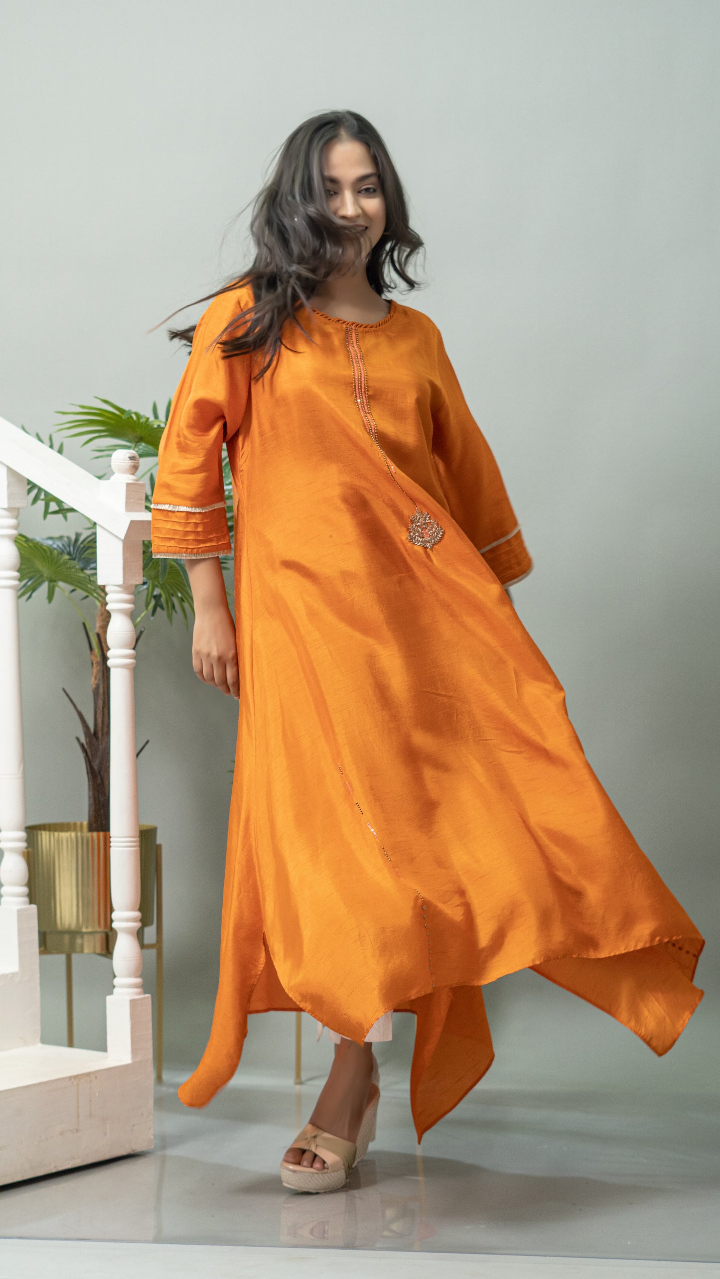 TANGERINE KURTA WITH HAND WORK