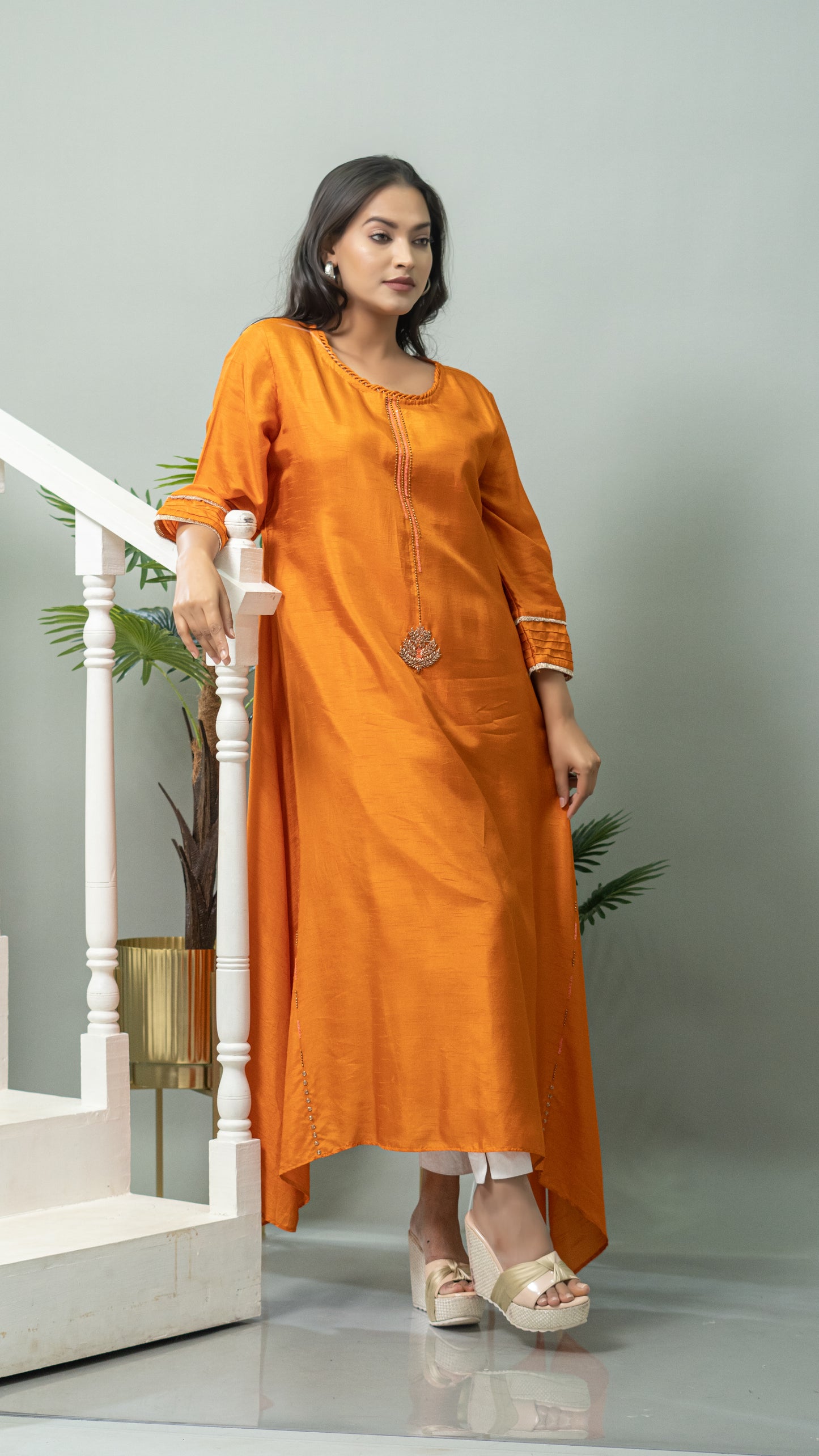 TANGERINE KURTA WITH HAND WORK