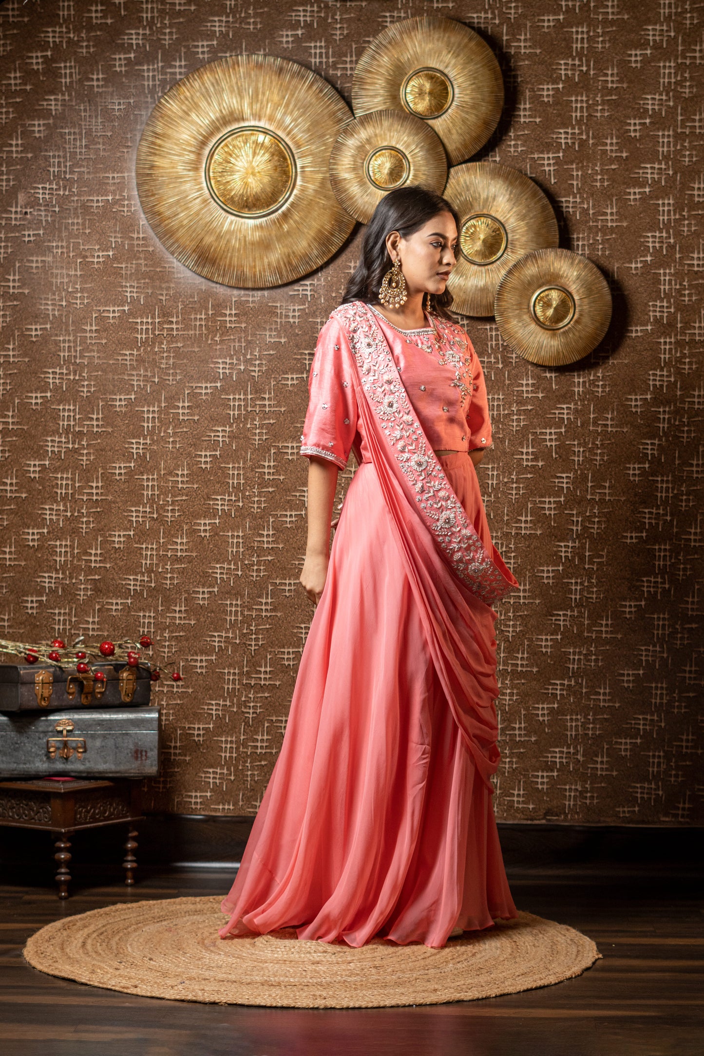 DRAPED DUPATTA WITH SHORT BLOUSE AND FLAIRED PANTS