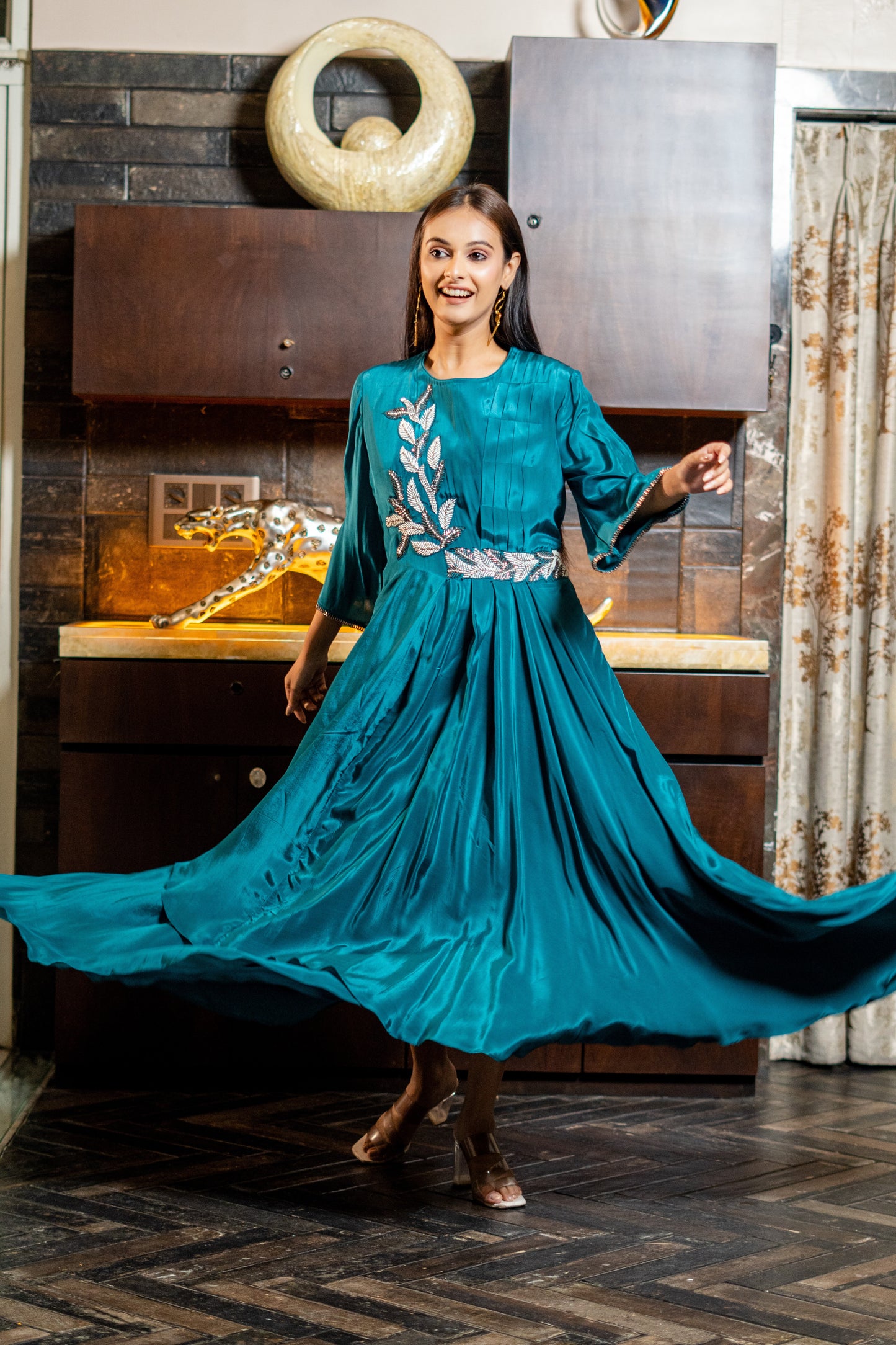 LONG STYLISH DRAPED INDOWESTERN DRESS