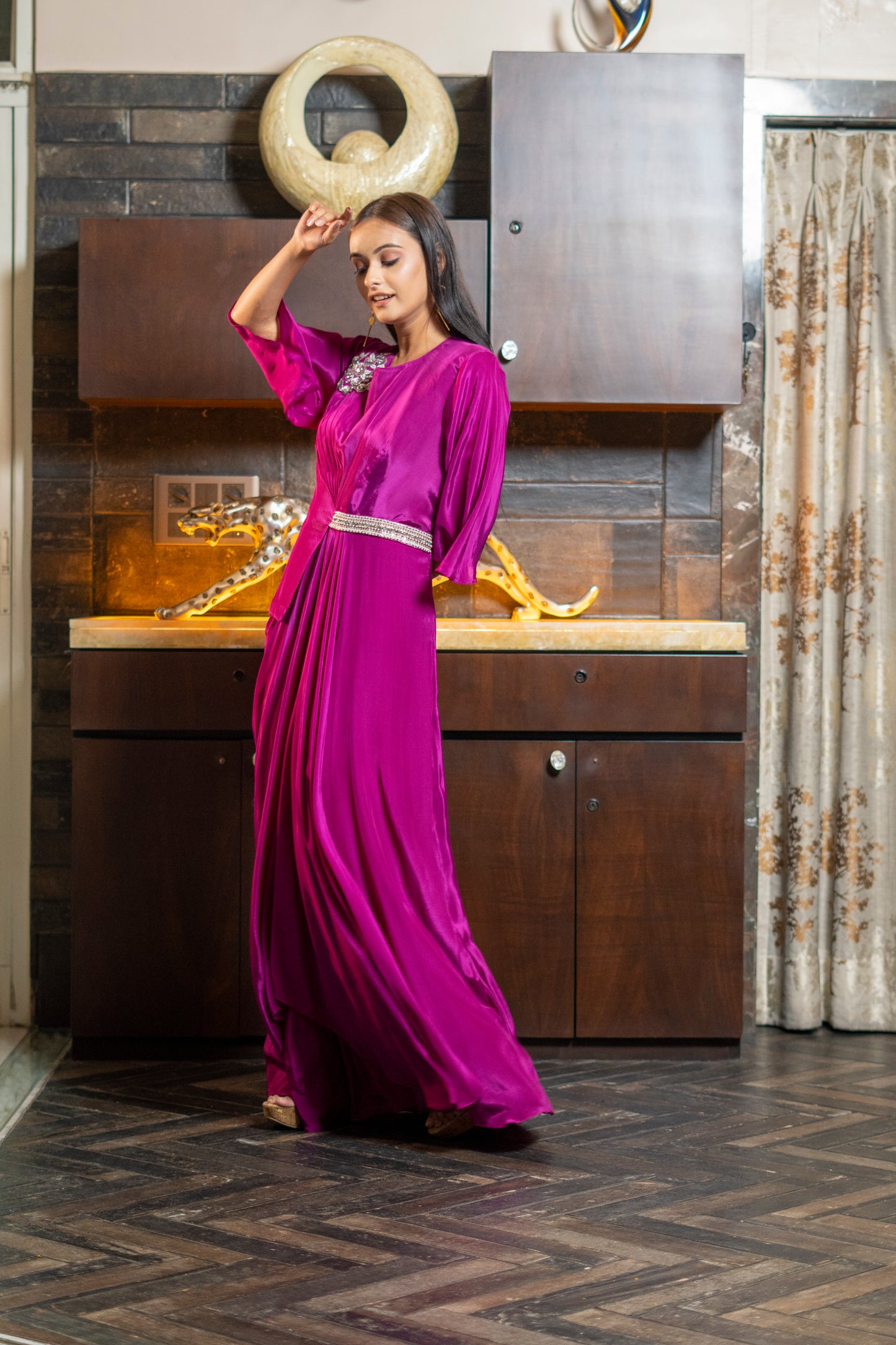 LONG STYLISH DRAPED INDOWESTERN DRESS