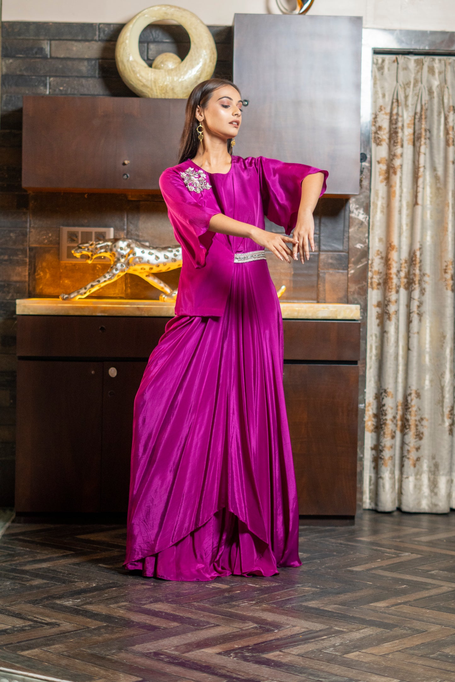 LONG STYLISH DRAPED INDOWESTERN DRESS