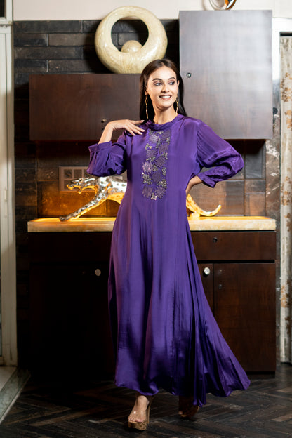 LONG STYLISH INDOWESTERN DRESS WITH ONESIDE PLEATS