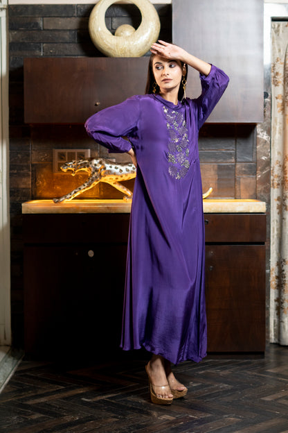 LONG STYLISH INDOWESTERN DRESS WITH ONESIDE PLEATS